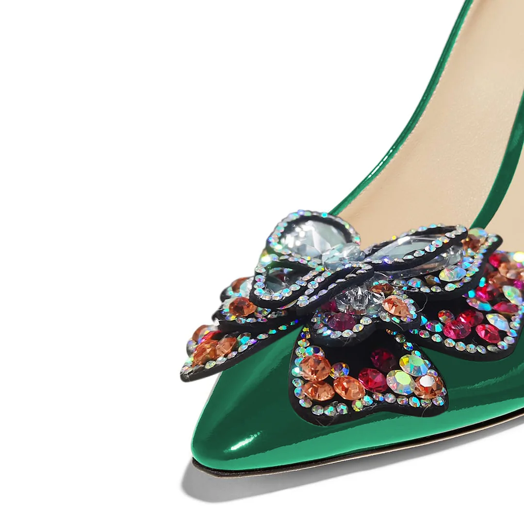 Green Patent Leather Pointed Colorful Rhinestone Butterfly Pumps 