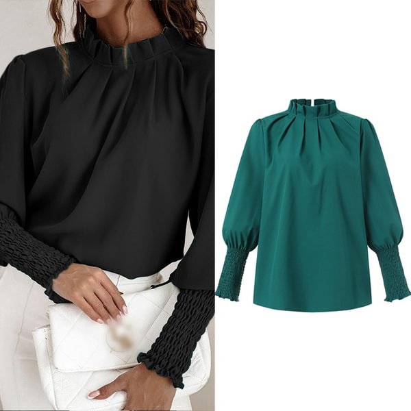 Plus Size Womens Puff Long Sleeve Blouse Ruffled Stand Collar Pleated Casual Shirt Ladies Tops S-5XL - BlackFridayBuys