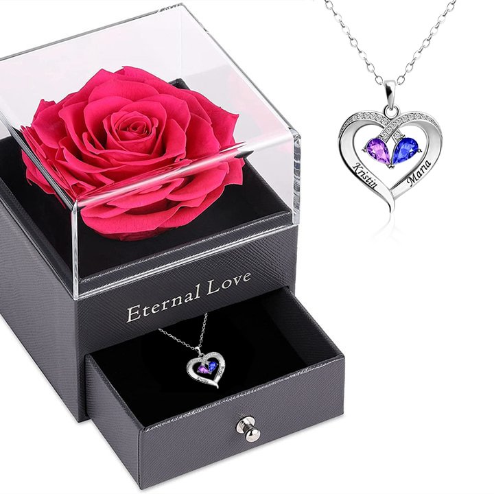 Vangogifts Eternally Preserved Real Roses with 'Forever Love' Birthstone & Heart Pendant Custom Name Necklace| Best Gift for MOM,Wife,Girlfriend