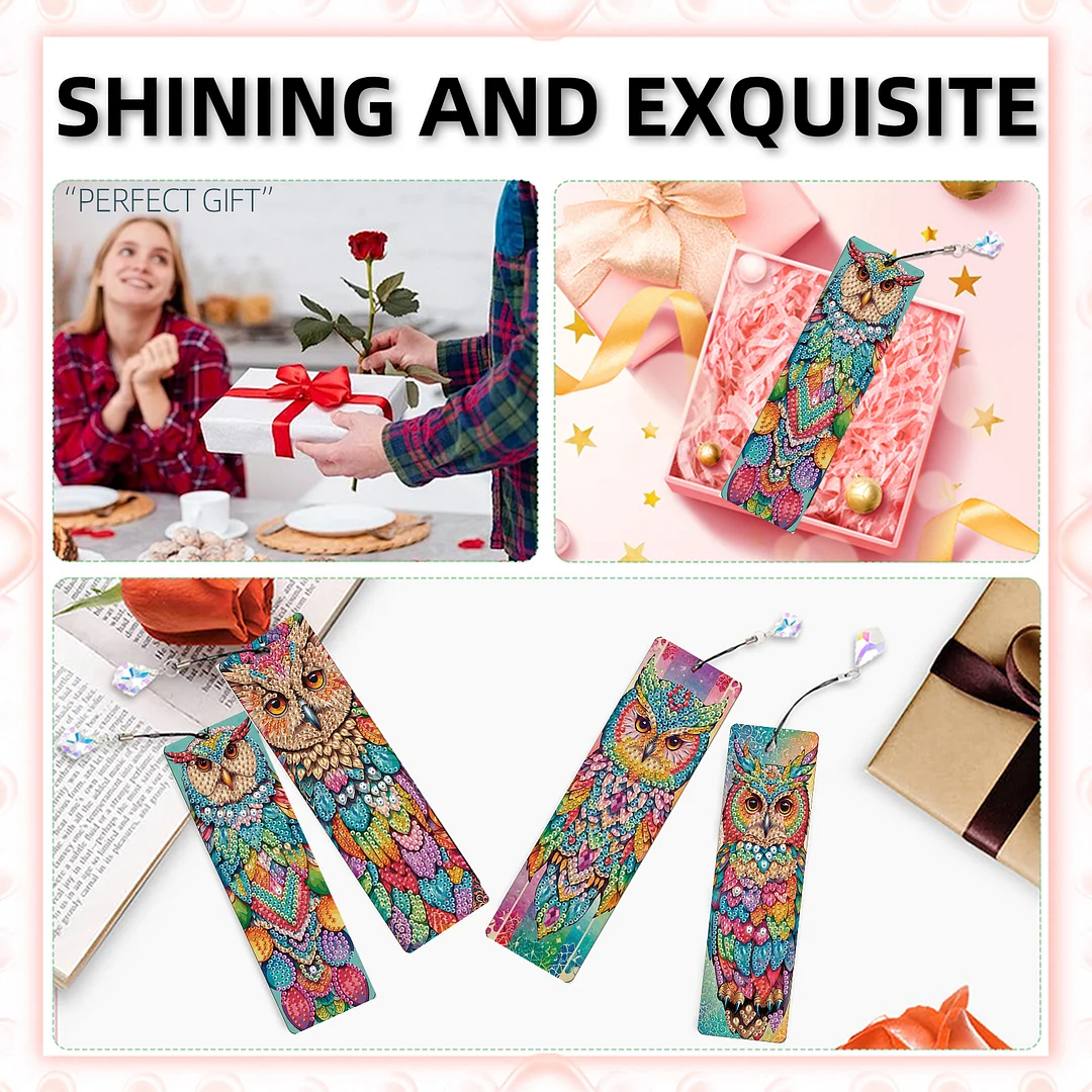 4Pcs Colorful Owl DIY Diamond Bookmark Art Projects Irregular Shaped Diamonds Diamond Painting Art Bookmarks with Crystal Pendants for DIY Making Beginners Adult Art Craft Supplies