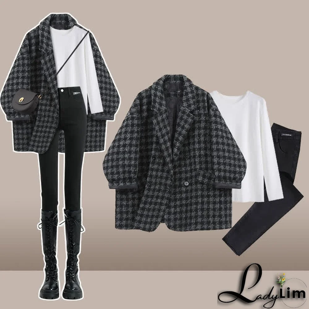 Chic Lattice Print Lapel Blazer T-Shirt High Waist Slim Denim Pants