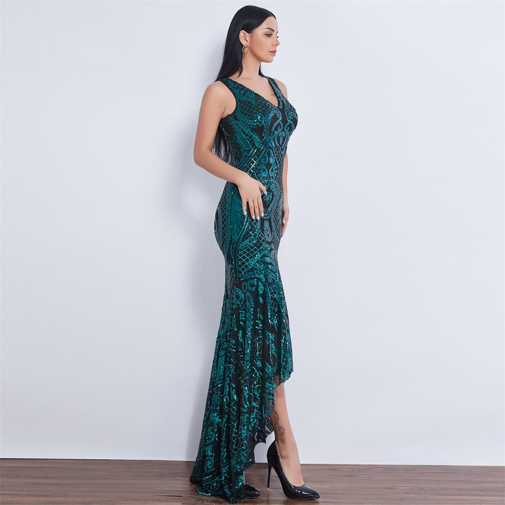 Gorgeous Sleeveless Green Sequins Prom Dress Long mermaid Hi-Lo Evening ...