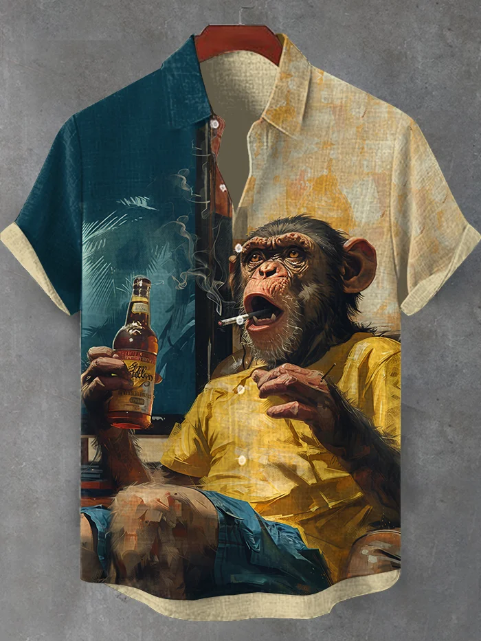Men's Funny Smoking Beer Monkey Art Short Sleeve Shirt