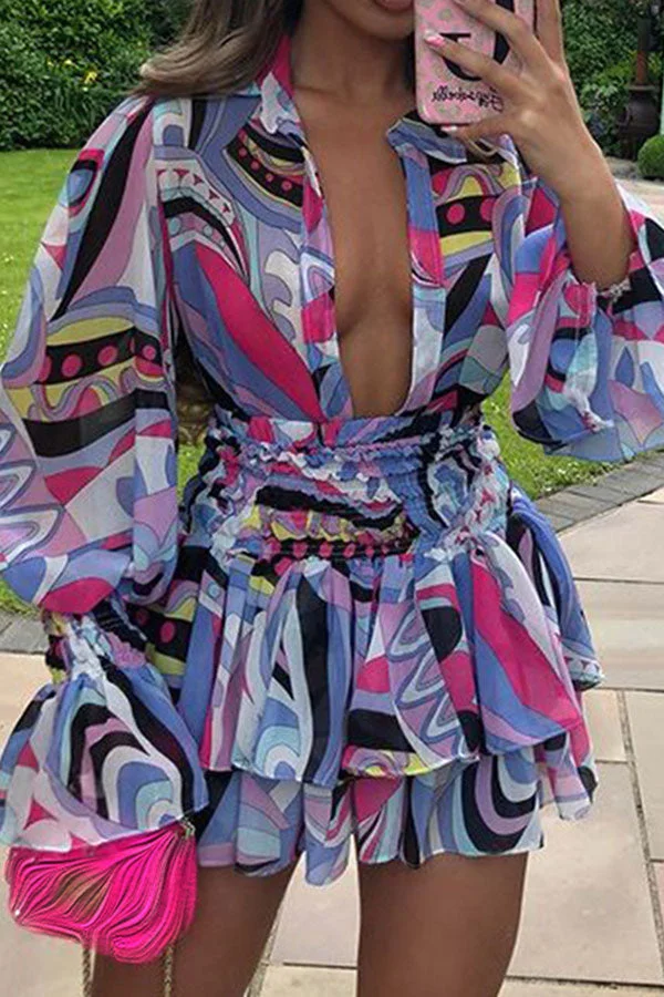 Graphic Print Girly Strap Shirred Mini Dress