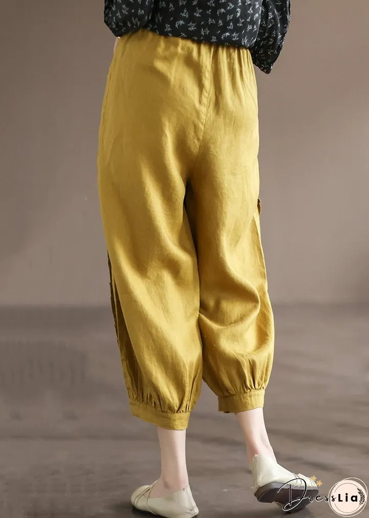 Loose Yellow Ruffled Pockets High Waist Linen Crop Pants Summer