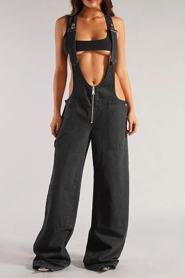 Solid Color Chic Wide Leg Suspenders Jeans