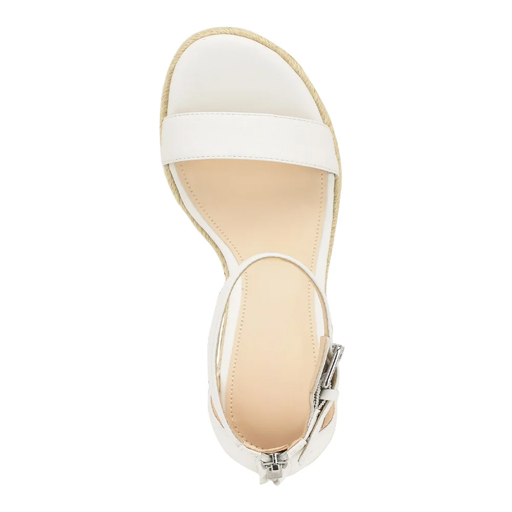 White Round Toe High Heel Ankle Strap Wedge Sandals for Women