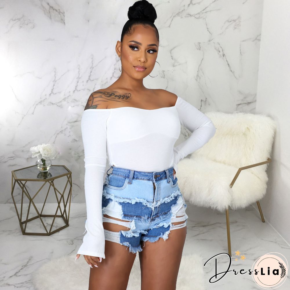 Summer Sexy Patchwork Women Ripped High Waist Holes Stretch Streetwear Plus Size Denim