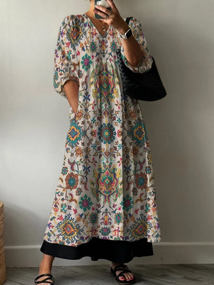 Vintage Flower Combination Rhombus Decorative Pattern Pocket V-neck Cotton Dress