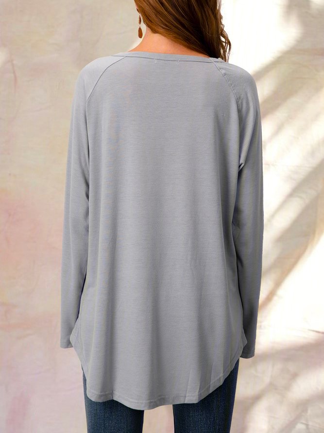 Gray Cotton Casual Crew Neck Solid Shirts & Tops