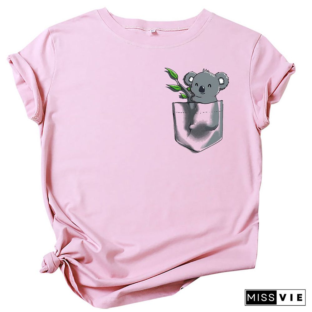 Koala Pocket Print  Round Collar T-Shirt