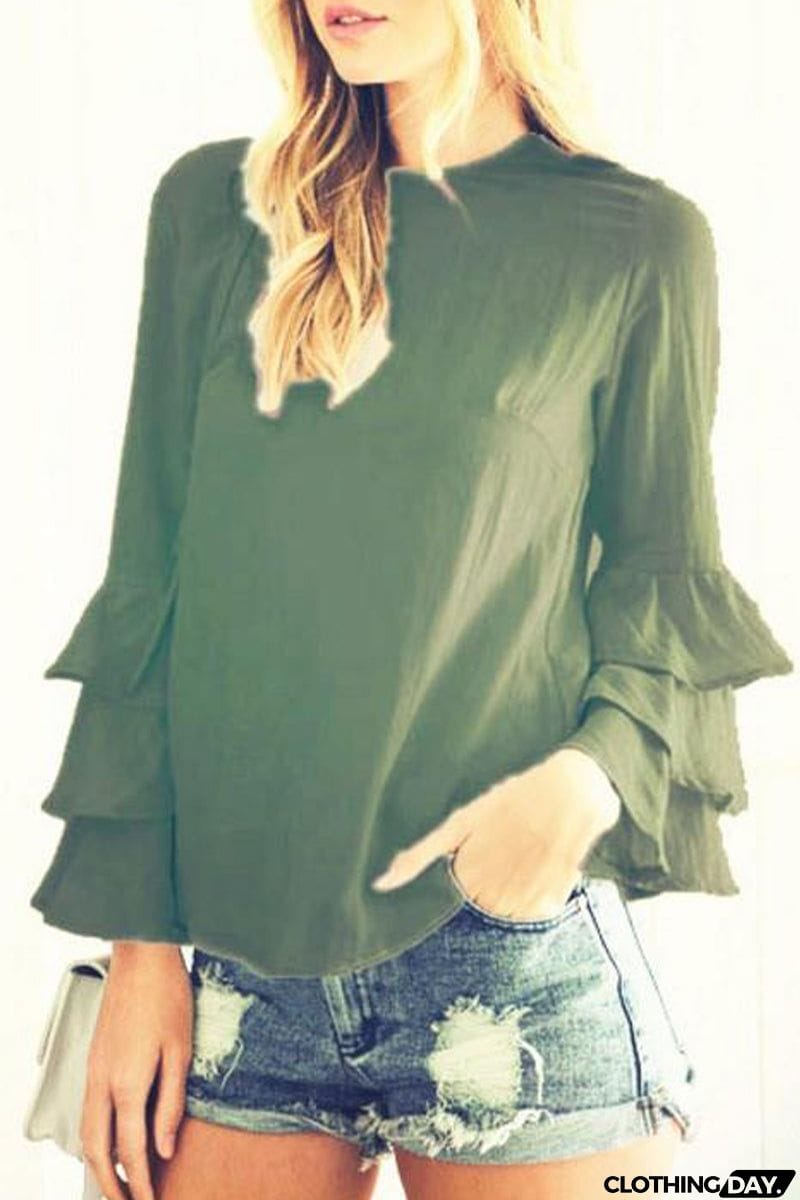 Casual Solid Flounce O Neck Tops(9 Colors)