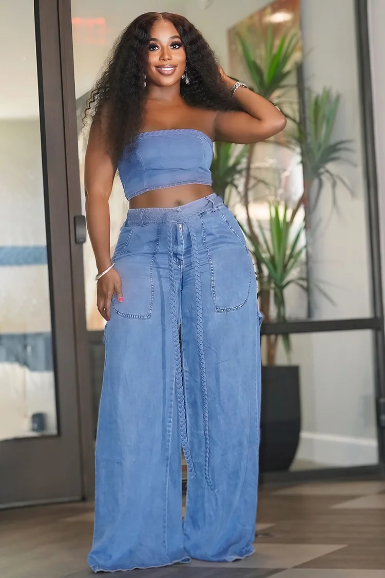 Crop Tube Top High-Rise Pocket Wide Leg Pants Denim 2pcs Set-Blue [Pre Order]
