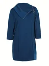 Zipper Asymmetrical Neck Dress, Casual Solid 3/4 Sleeve Dress, Women's Clothing