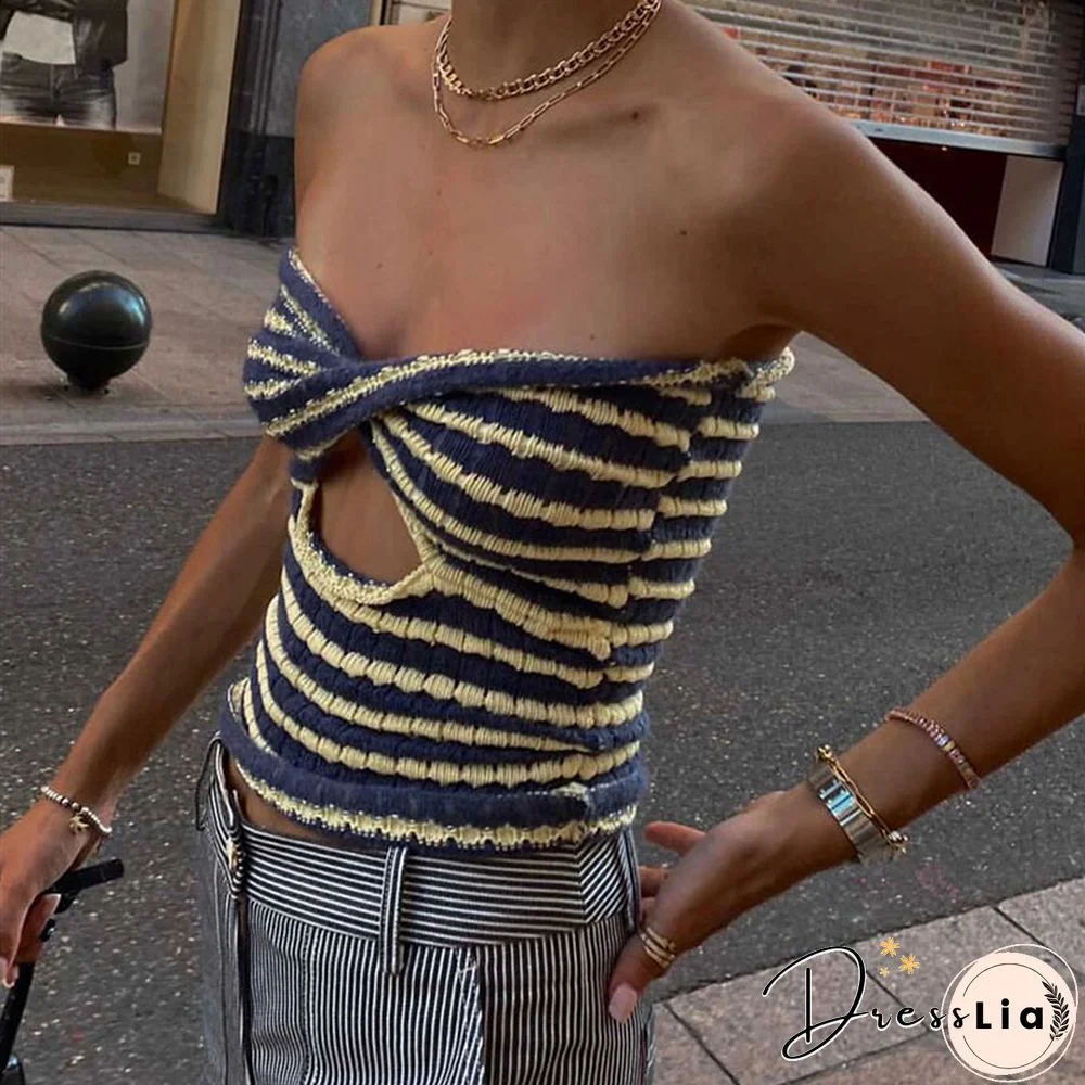 Strapless Knitted Crop Top Women Hollow Out Summer Autumn Sleeveless Backless Sexy Y2k Tank Tops Vintage Fashion