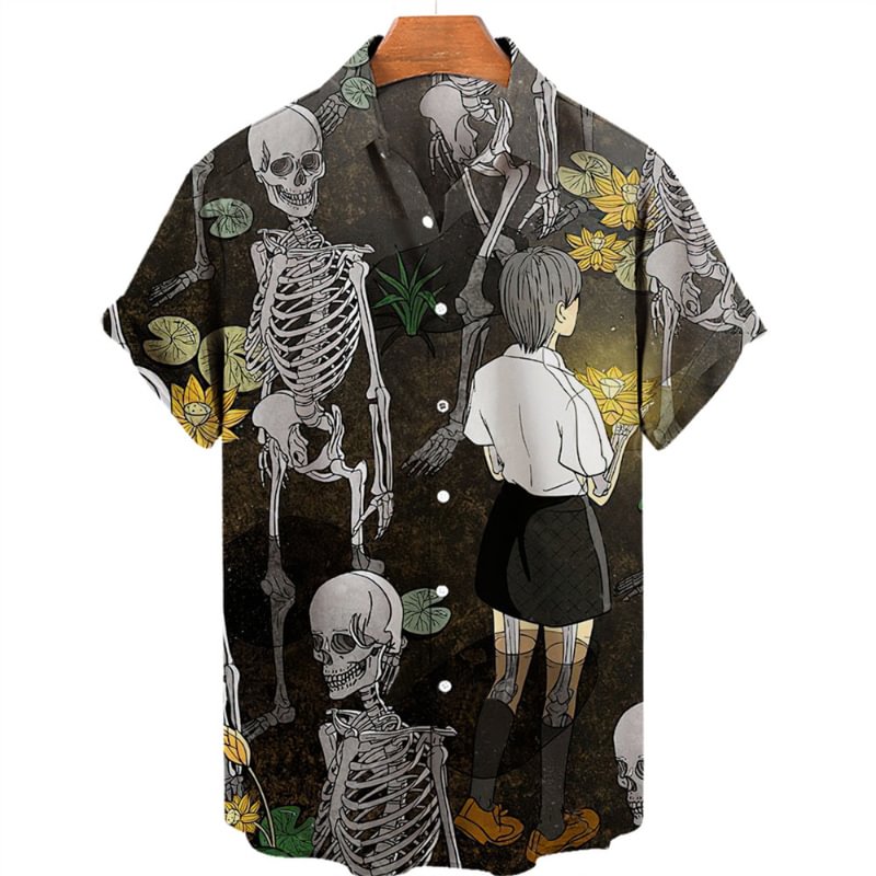 Men's Causal Halloween Skull Print Short Sleeve Shirt 