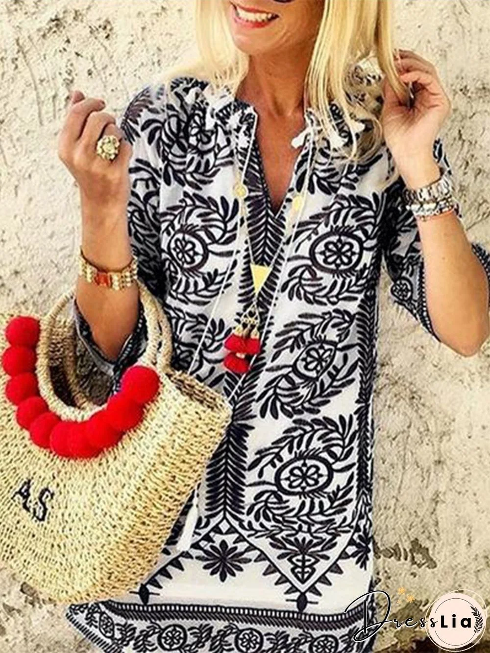 Fashion Five-Sleeve Printed Deep V-Neck Dress P11560