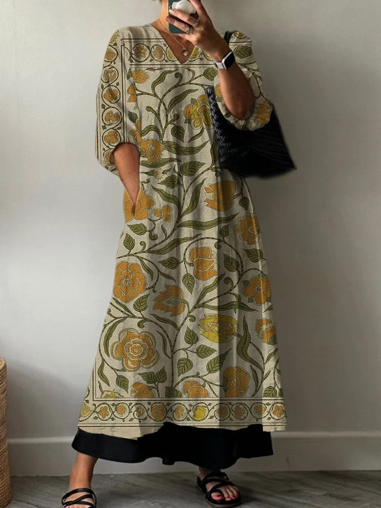 Women's Vintage Floral Print Pocket V-neck Cotton Dress