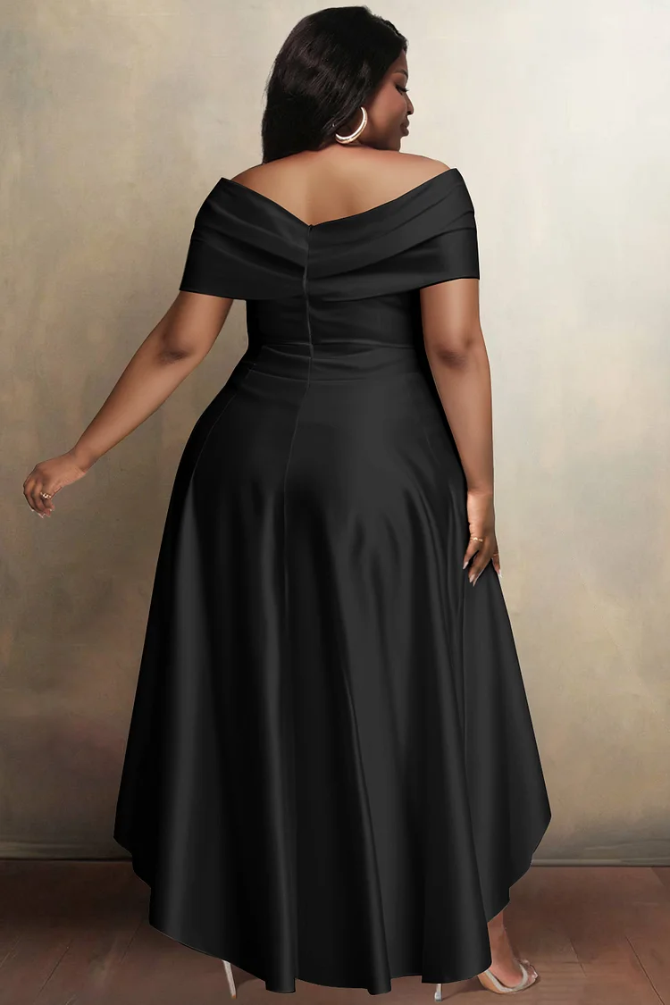 Xpluswear Design Plus Size Formal Black Off The Shoulder High Low Hem Satin Midi Dresses
