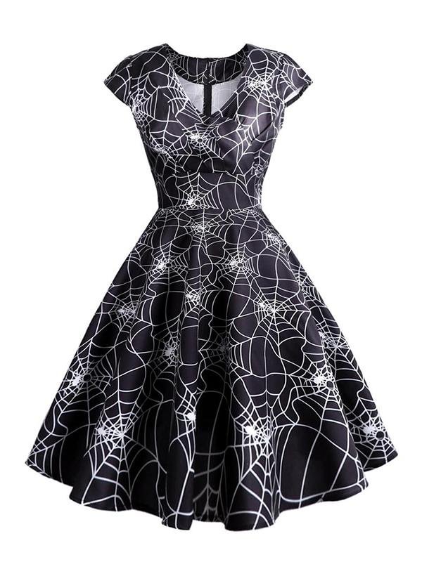 A-line Dress Vintage V-neck Short Sleeve Dress
