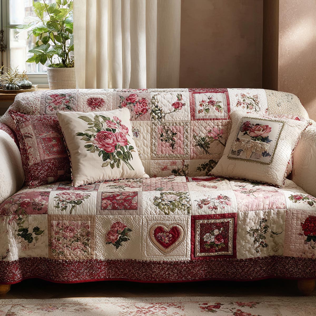 Heart Bloom Quilted Sofa Cover NCU0DV9138 everthome
