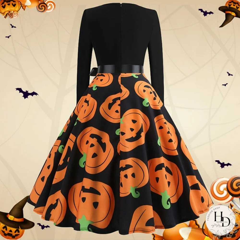 8 Colors Halloween Pumpkin Ghost Skull 3d Print Dresses Santa Claus Christmas Tree Printed Flared Swing Dresses Long Sleeve Ruched Gown Dress Xmas Festival Vestido de Mujer