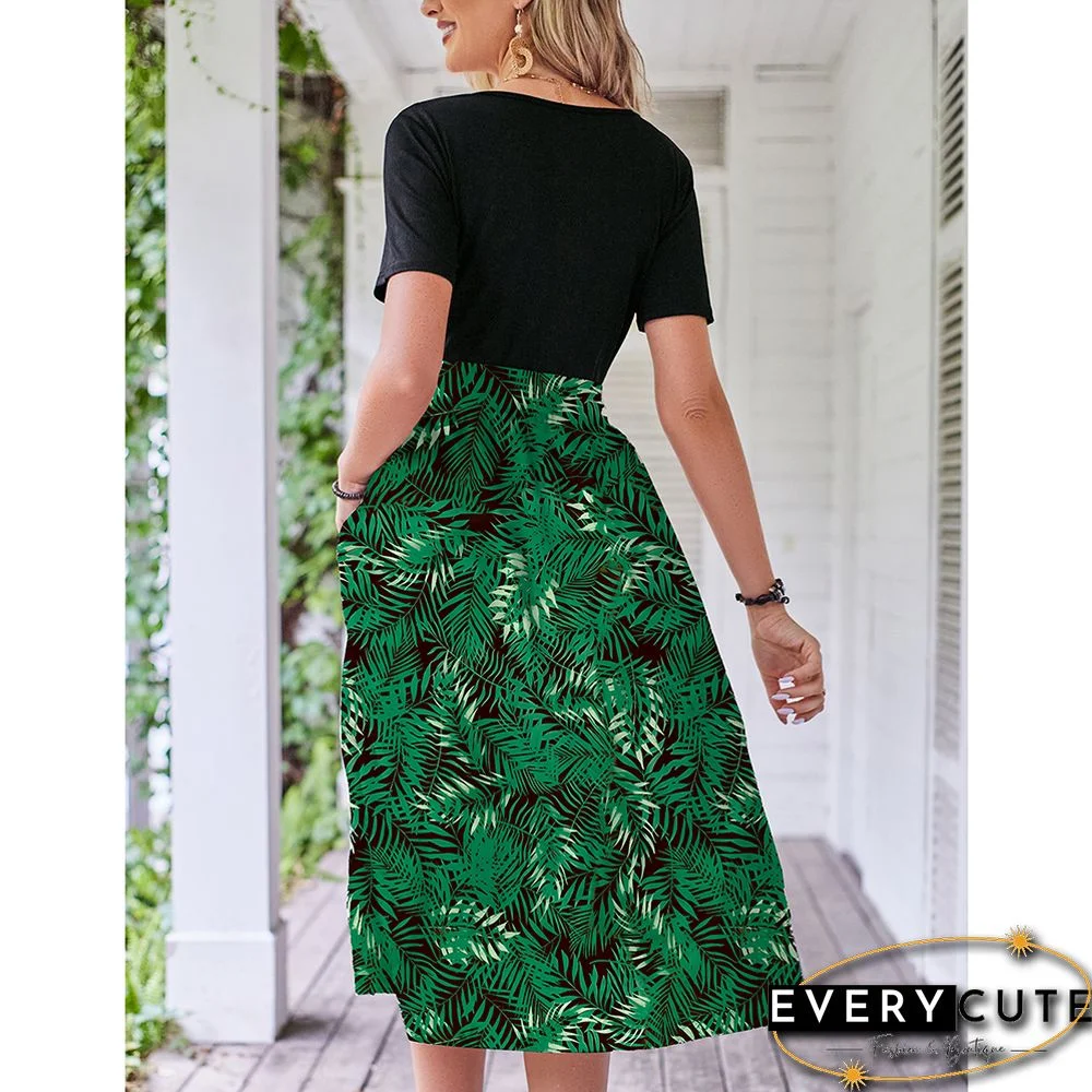 Dark Green Floral Print Spliced Short Sleeve Dress
