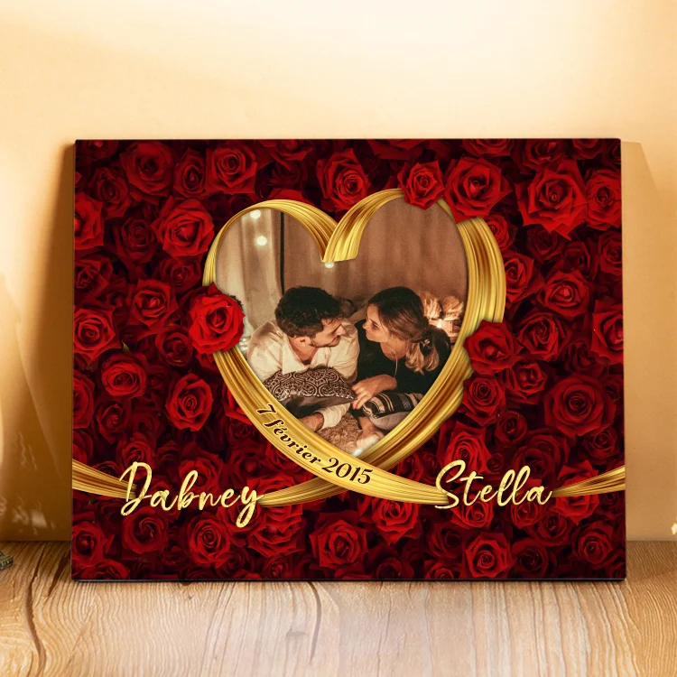 Lámina "rosas" marco de madera para pareja 2 nombres personalizados con fecha y foto