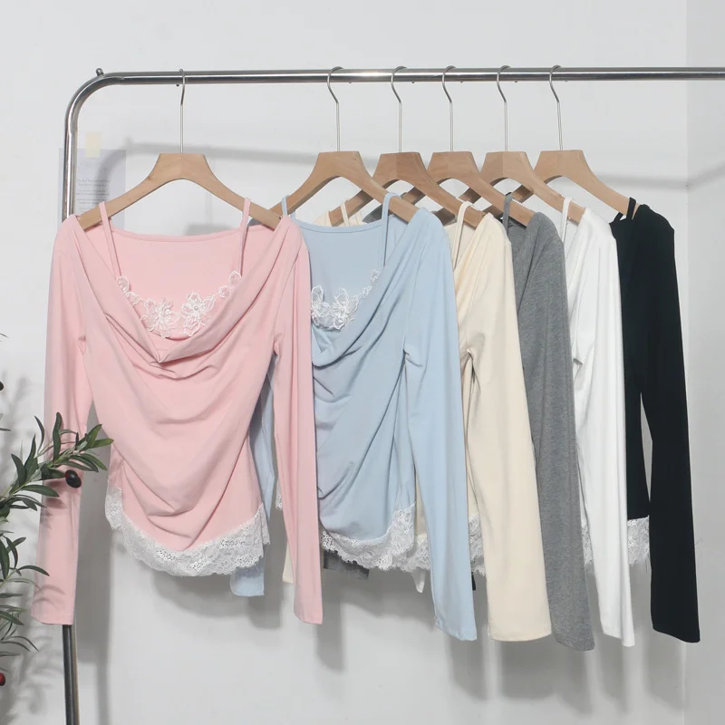 Nigikala Nigikala Autumn Fake Two Lace Lace Collar Folding Long Sleeves Slimming Bottom T-Shirt Top Woman 2532