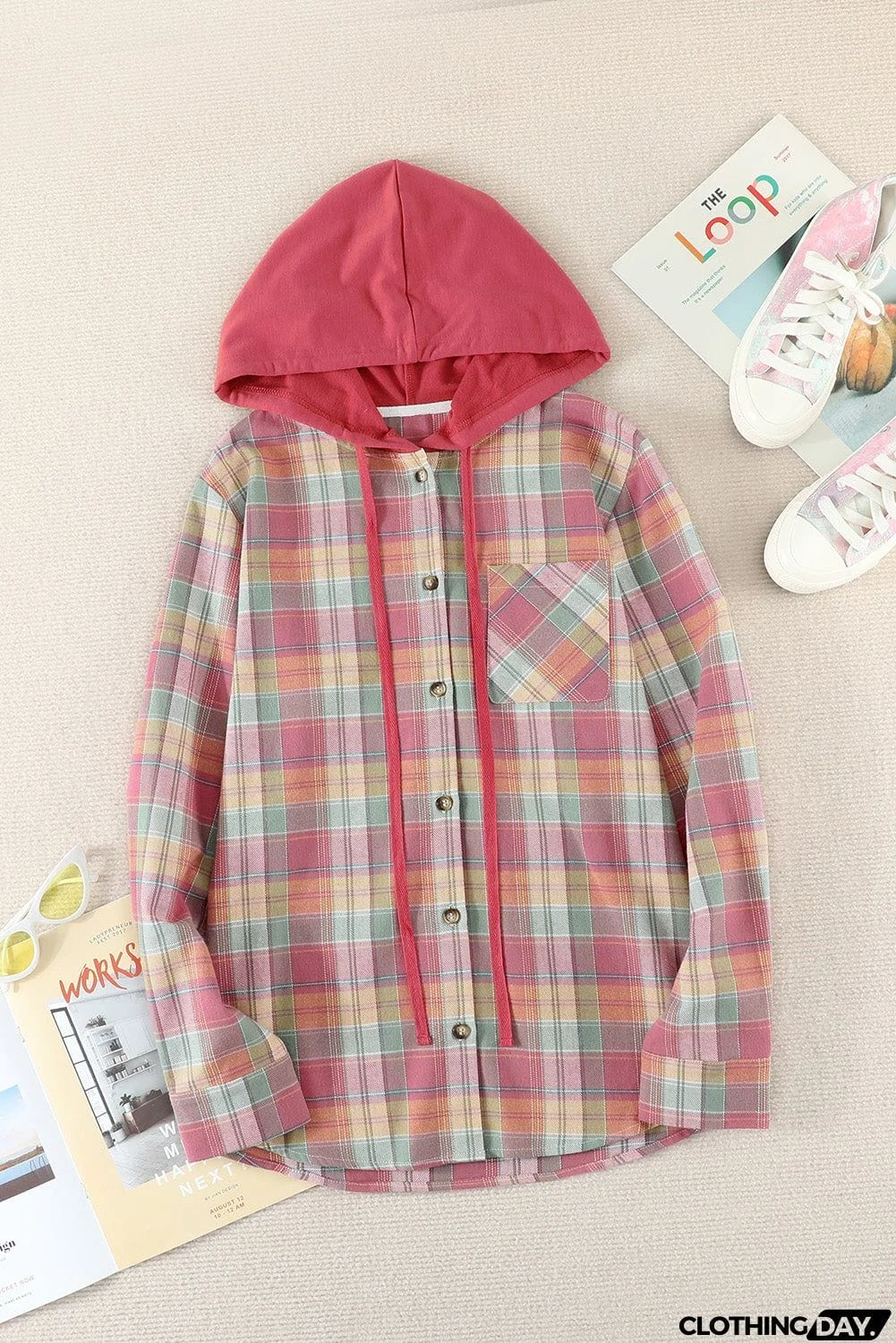 Red Plaid Hooded Shirt Coat