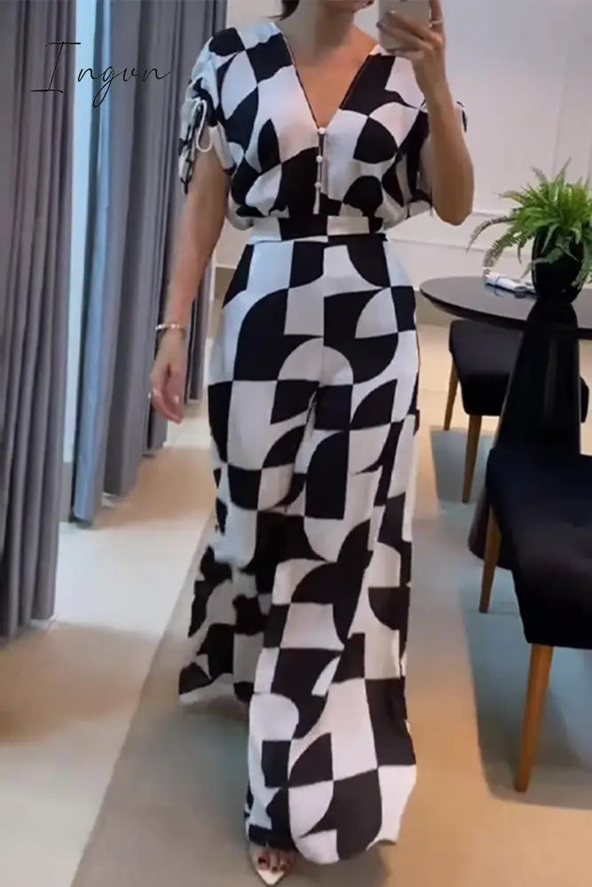 Ingvn - Casual Plaid Pocket Contrast V Neck Jumpsuits Black / S & Rompers/Jumpsuits