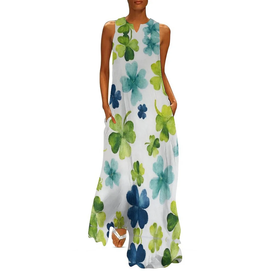 Style & Comfort for Mature Women Plus Size Printed Sleeveless Casual Women Maxi Dress with Pockets in Pattern St. Patrick's Day, Green, Clover, Lucky