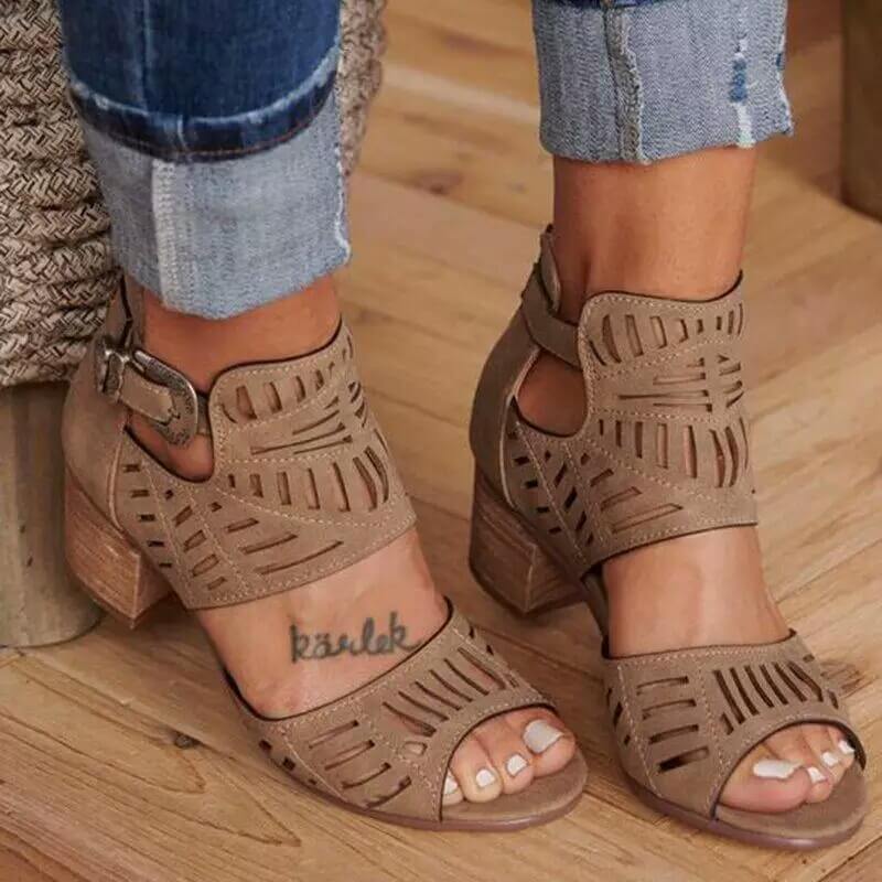 GOOSHOE Peep Toe Cutout Leather High Chunky Heel  Sandals