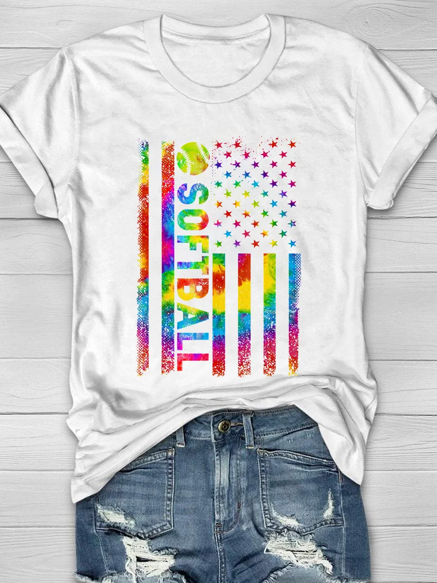 Softball Tie-Dye Flag Print Short Sleeve T-Shirt