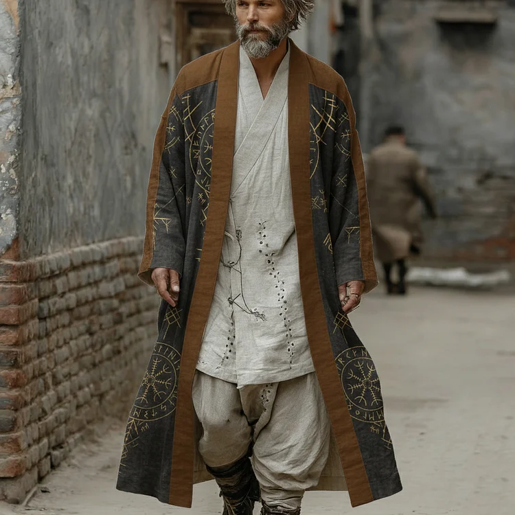 Men's Retro Viking Rune Print Casual Blend Long Cardigan