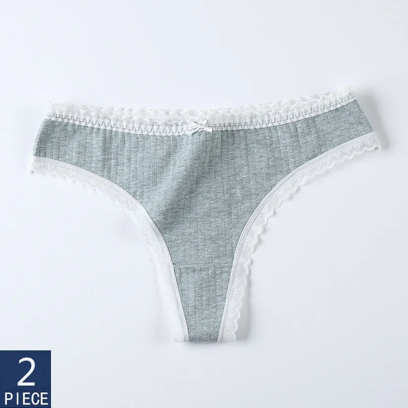 2 Pieces Women Panties Thongs Cotton Striped Underwear Comfortable Cute Low-Rise Ladies G-String Briefs Sexy Kawaii Lingerie