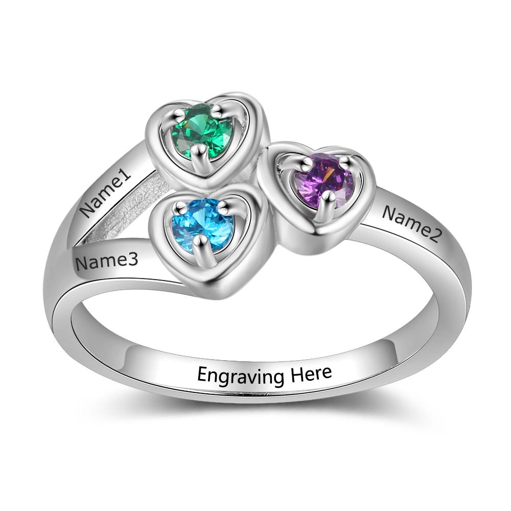 Personalized Mom Rings Heart Shape with 3 Birthstones Engraved 3 Names