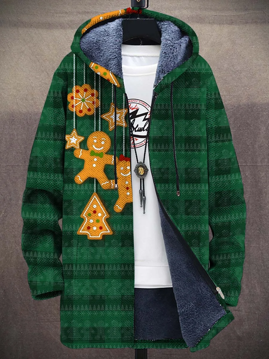 Men's Christmas Gingerbread Man Pattern Print Thick Loose Long-Sleeved Coat