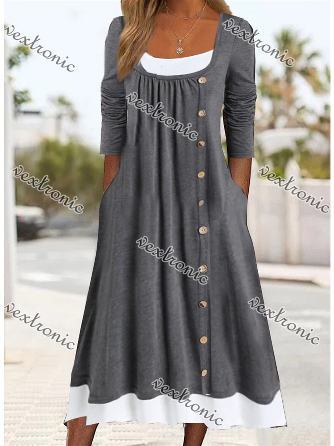 Women's Long Sleeve U-neck Button Midi Dress