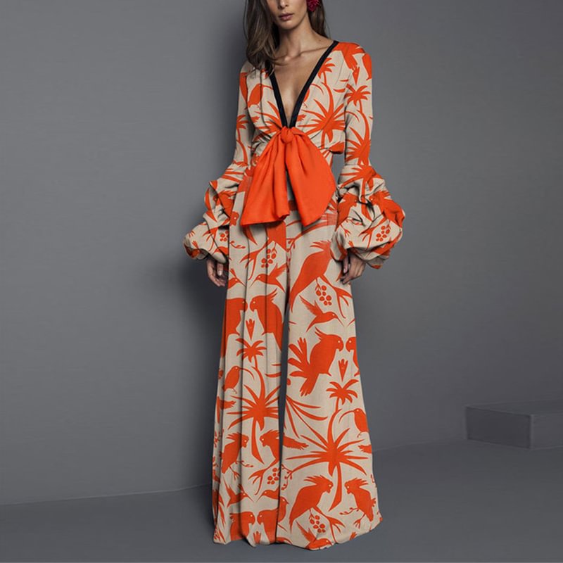 Sexy Deep V Collar Pattern Elastic Waist jumpsuit