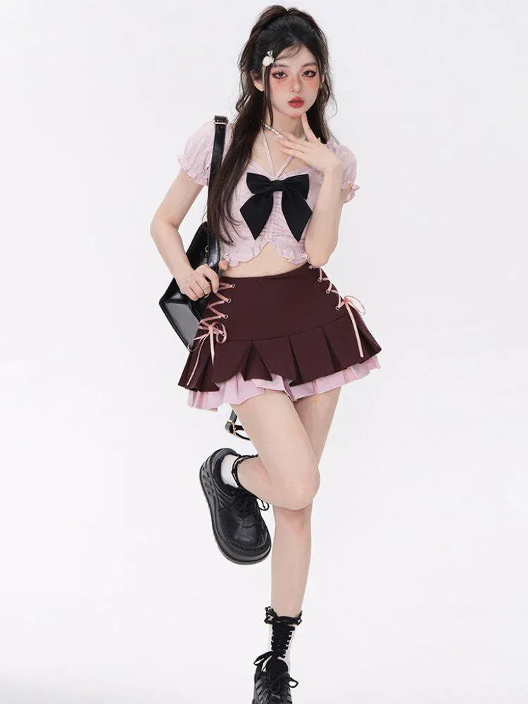 Brownm Mini Skirt With Top Two Piece Set
