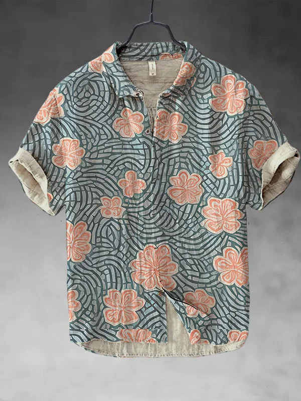 Men's Japanese Art Flower Print Short Sleeve Shirt