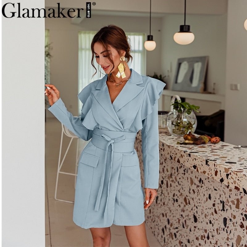 Glamaker Yellow long sleeve elegant blazer dress Female ruffles bandage short dress Bodycon winter autumn party club dress