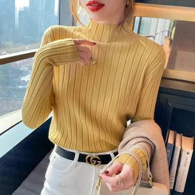 Uveng Uveng Winter Half-High Sweater Women Long Sleeve Pure Color Spring And Autumn Pit Stripe Loose Knitted Bottom Shirt