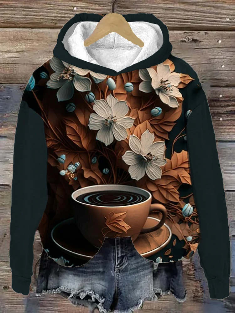Women's Flower Coffee Cup Art Print Casual Hoodie