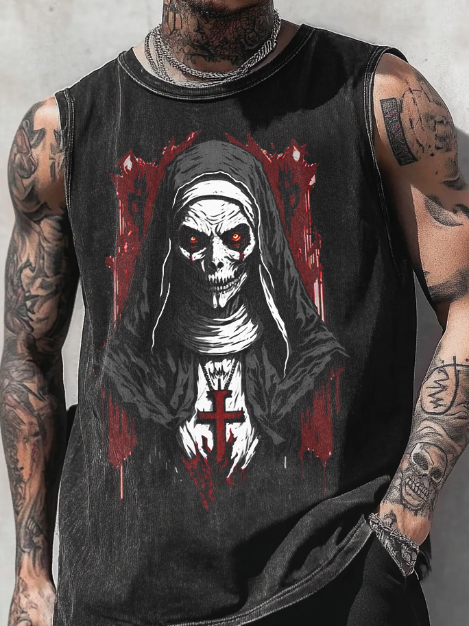 Shoptechwear Art Satanic Death Nun Acid Wash Casual Vest