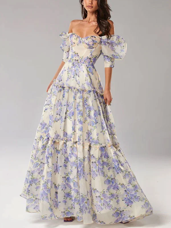 Hydrangea Feminine Voluminous Sheer Sleeves Dress