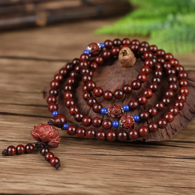 Tibetan Small Leaf Red Sandalwood Mala Lotus Blessing Necklace Bracelet
