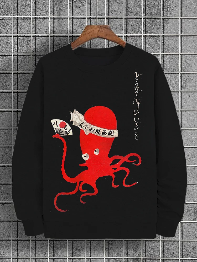 Men's Japanese Octopus Holding A Fan Graphic Print Cotton Casual Sweatshirt