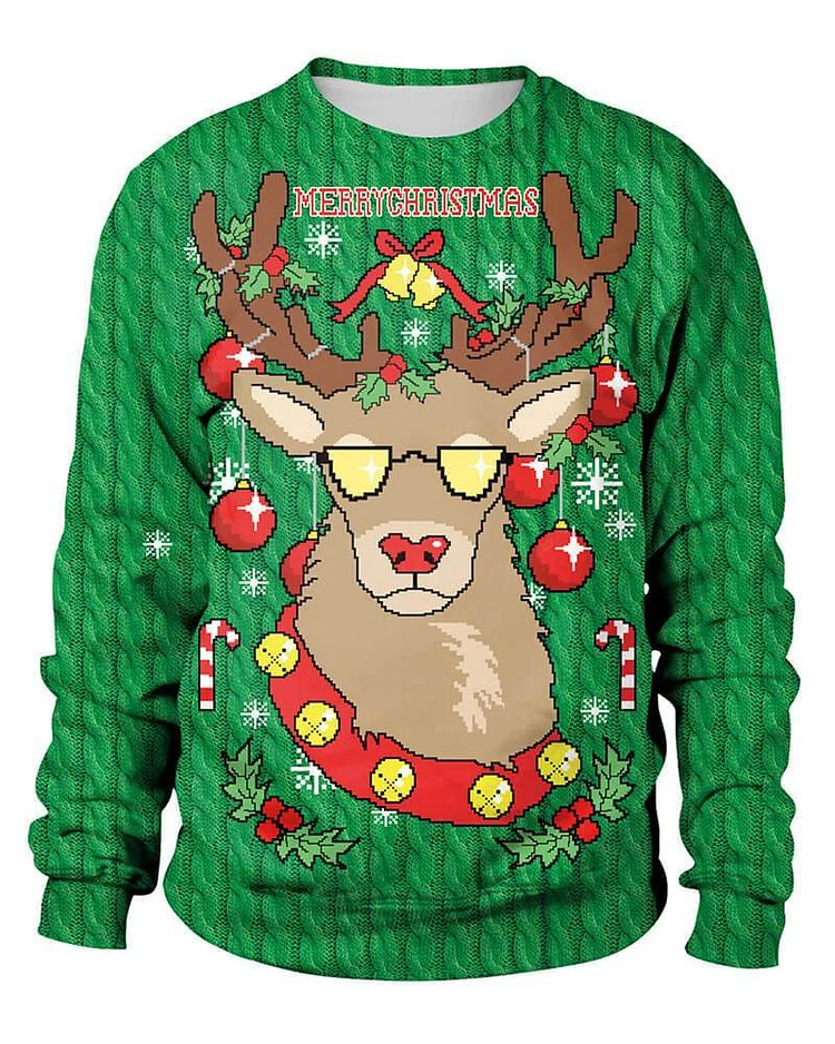 Mayoulove Green Christmas Reindeer Knitted Sweater Print Pullover Sweatshirt-Mayoulove